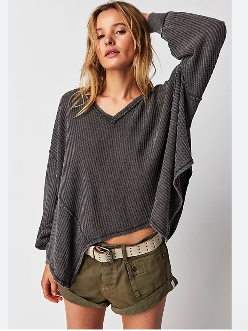 Free People Coraline Charcoal Waffle-Knit V-Neck Thermal Top